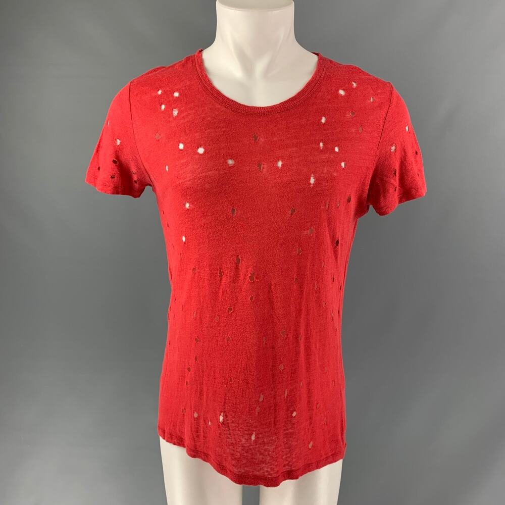 IRO Size S Red Distressed Linen Crew-Neck T-shirt